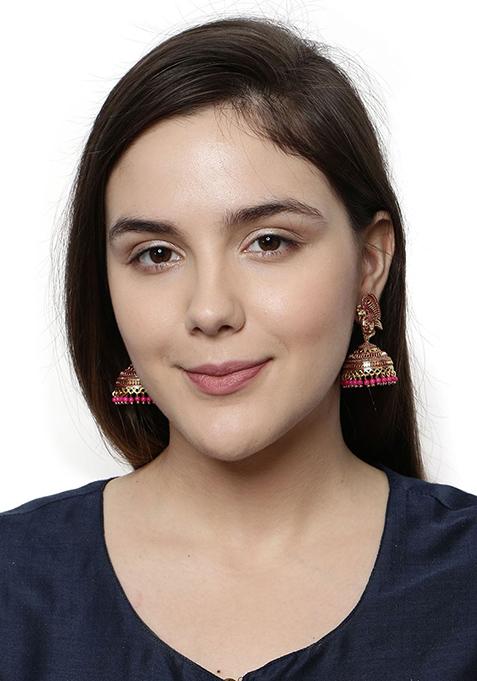 Pink Bead Jhumka Earrings