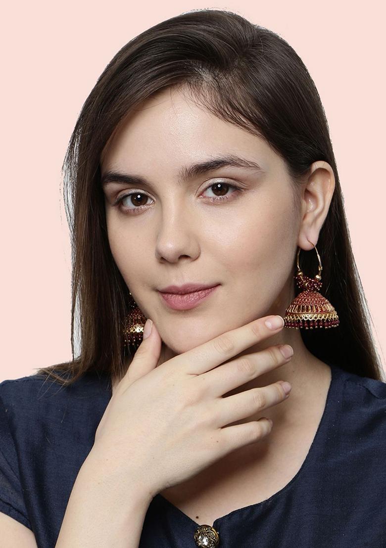 Maroon Bead Jhumka Earrings - Indya