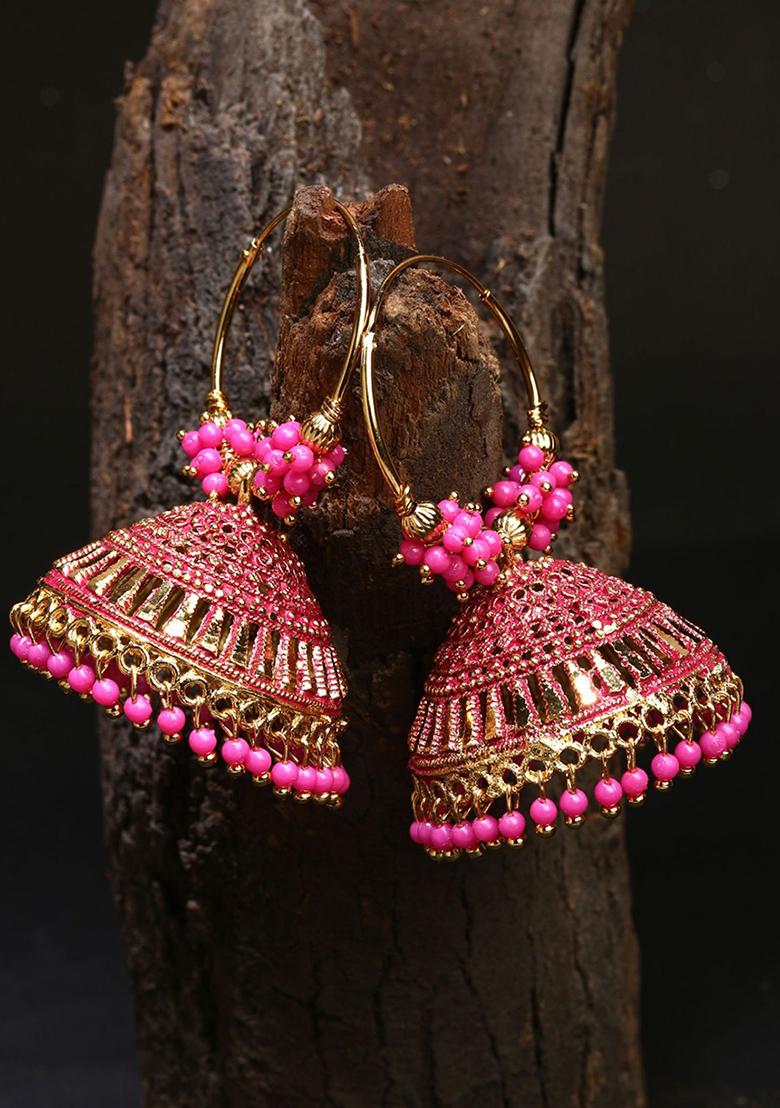 Pink Bead Jhumka Earrings