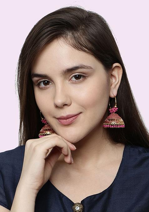 Pink Bead Jhumka Earrings