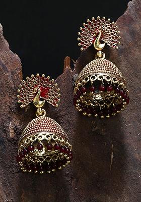 Maroon Bead Jhumka Earrings