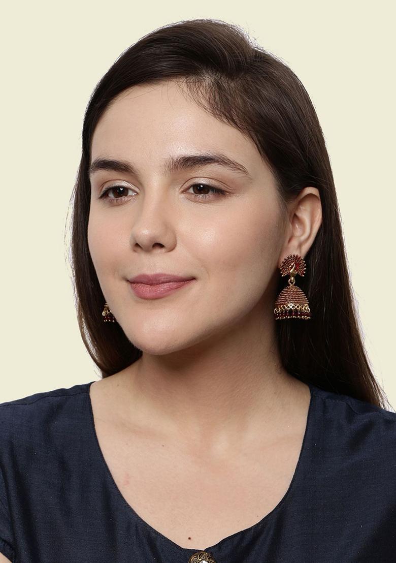 Maroon Bead Jhumka Earrings - Indya