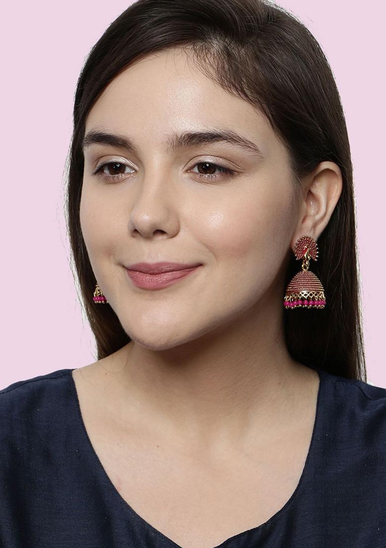 Pink Bead Jhumka Earrings