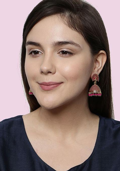 Pink Bead Jhumka Earrings