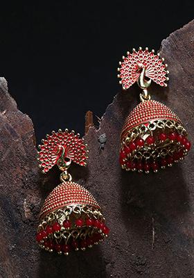 Red Bead Jhumka Earrings