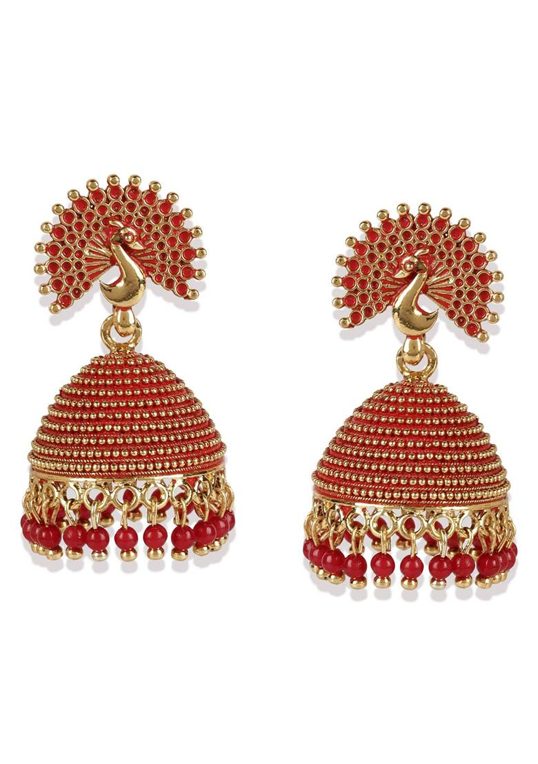 Red Bead Jhumka Earrings
