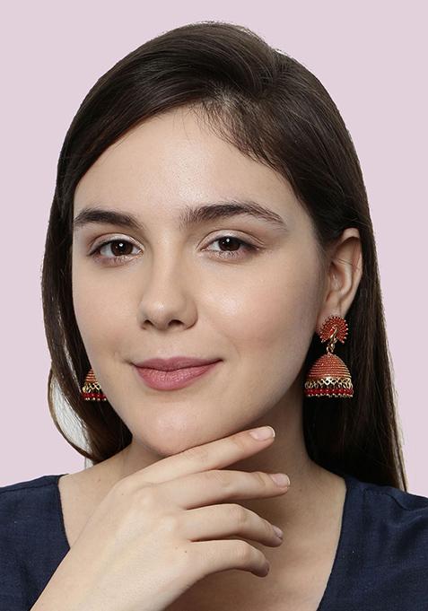 Red Bead Jhumka Earrings