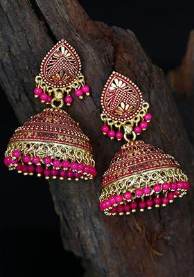 Pink Bead Jhumka Earrings