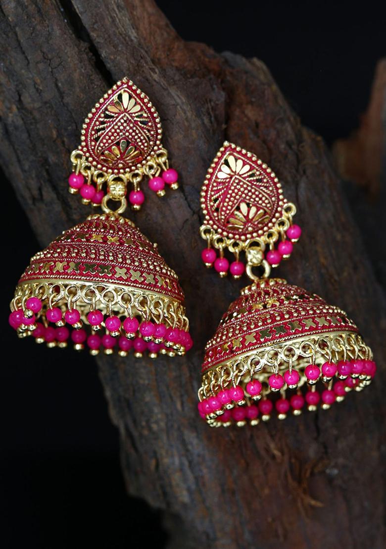 Pink Bead Jhumka Earrings