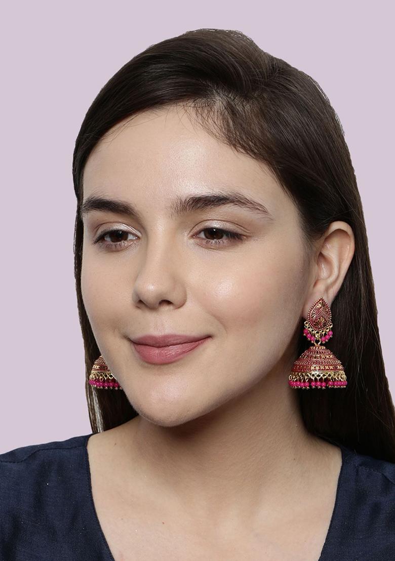 Pink Bead Jhumka Earrings
