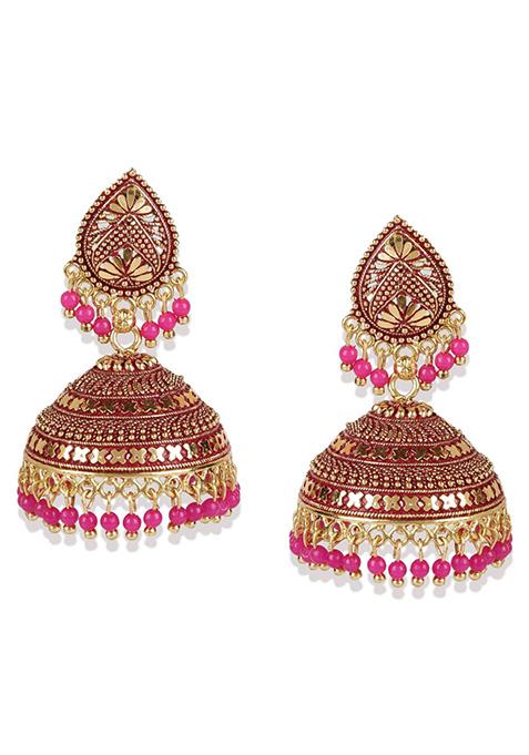 Pink Bead Jhumka Earrings