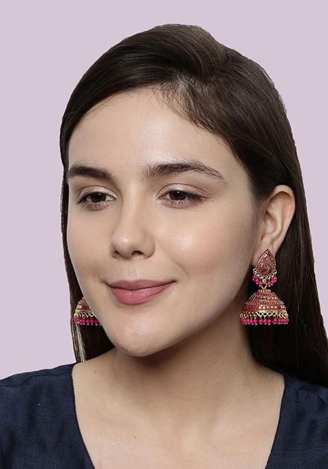 Pink Bead Jhumka Earrings