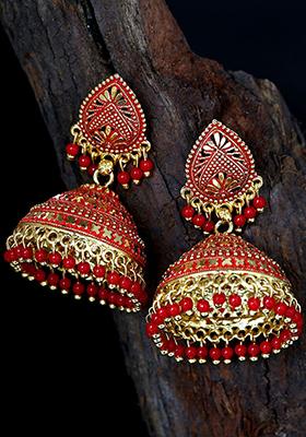 Red Bead Jhumka Earrings