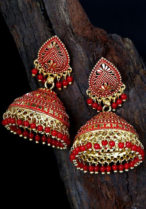 Red Bead Jhumka Earrings