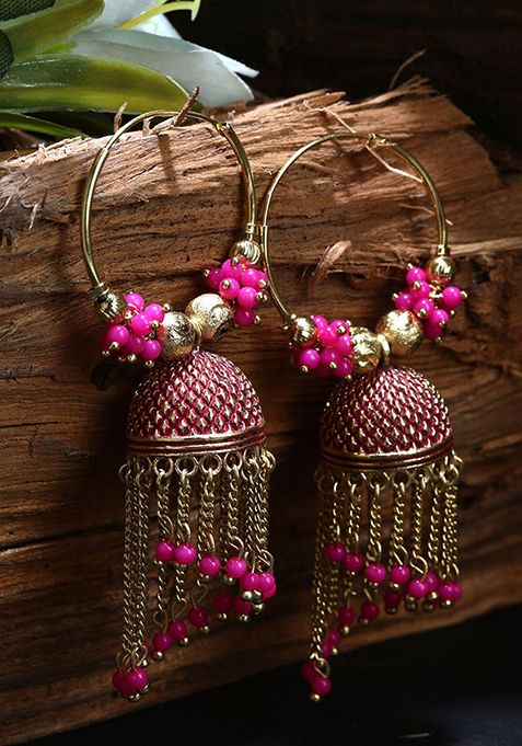 Pink Bead Jhumka Earrings