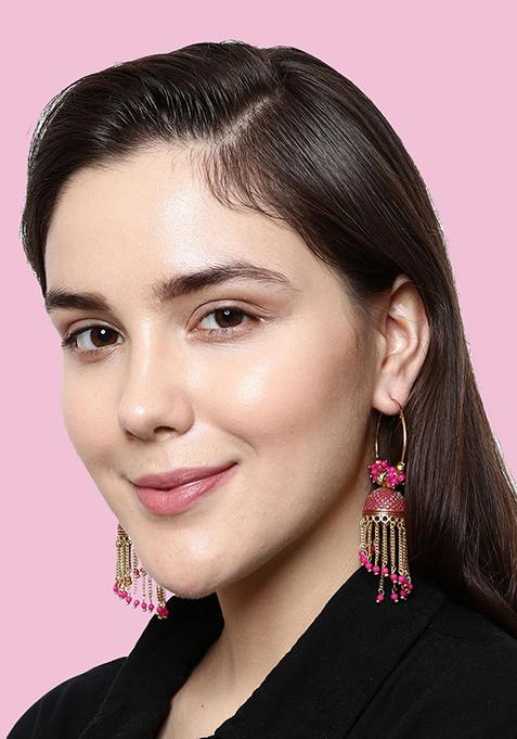 Pink Bead Jhumka Earrings