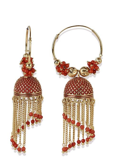 Red Bead Jhumka Earrings