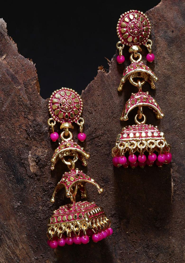 Pink Bead Jhumka Earrings