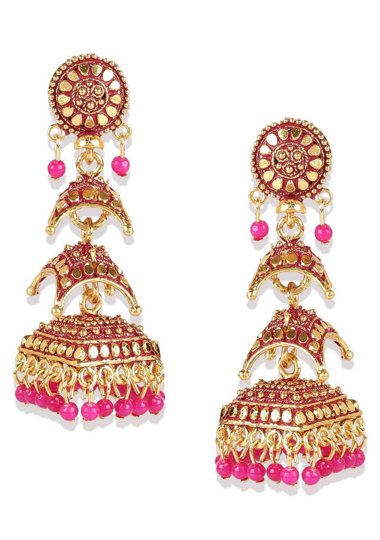 Pink Bead Jhumka Earrings