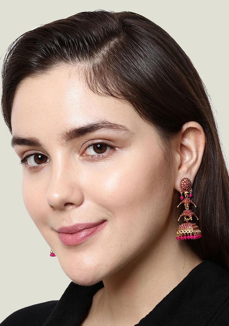 Pink Bead Jhumka Earrings