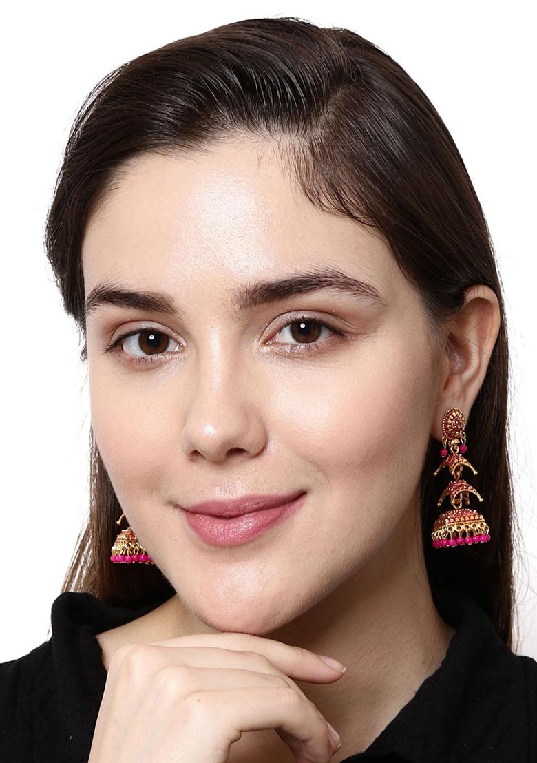 Pink Bead Jhumka Earrings