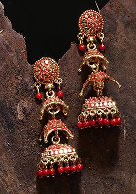 Red Bead Jhumka Earrings