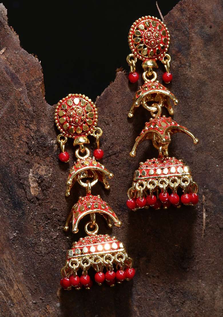 Red Bead Jhumka Earrings - Indya