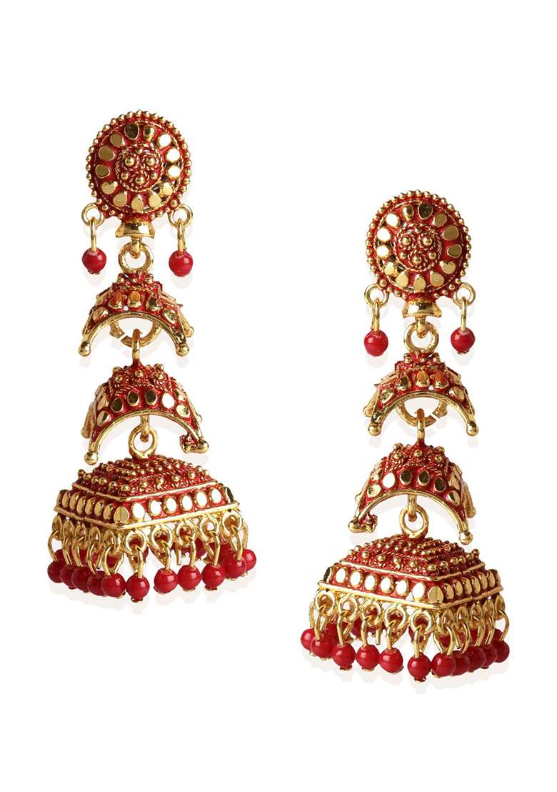 Red Bead Jhumka Earrings - Indya
