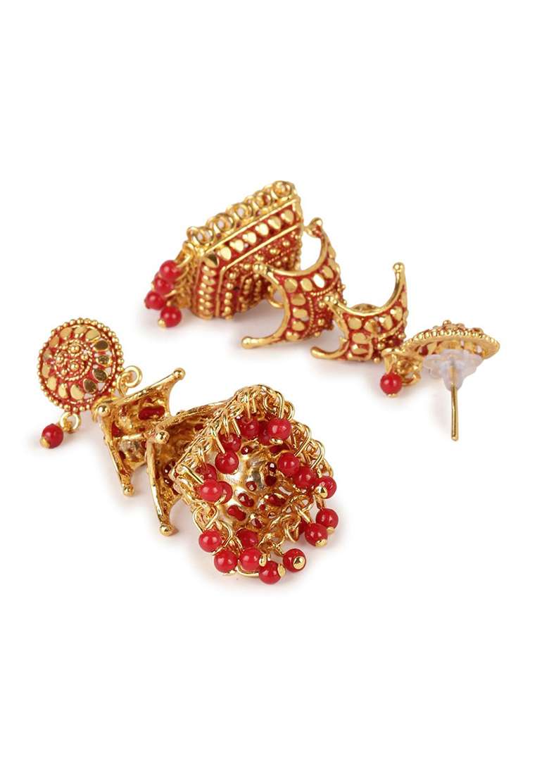 Red Bead Jhumka Earrings - Indya