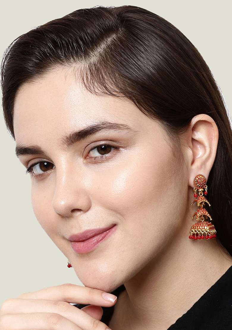 Red Bead Jhumka Earrings - Indya