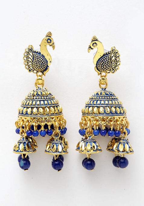 Blue Bead Jhumka Earrings