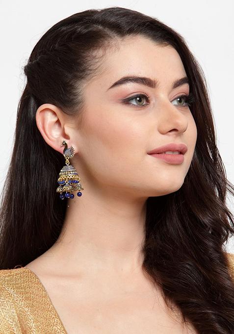 Blue Bead Jhumka Earrings