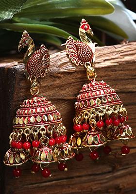 Red Bead Jhumka Earrings