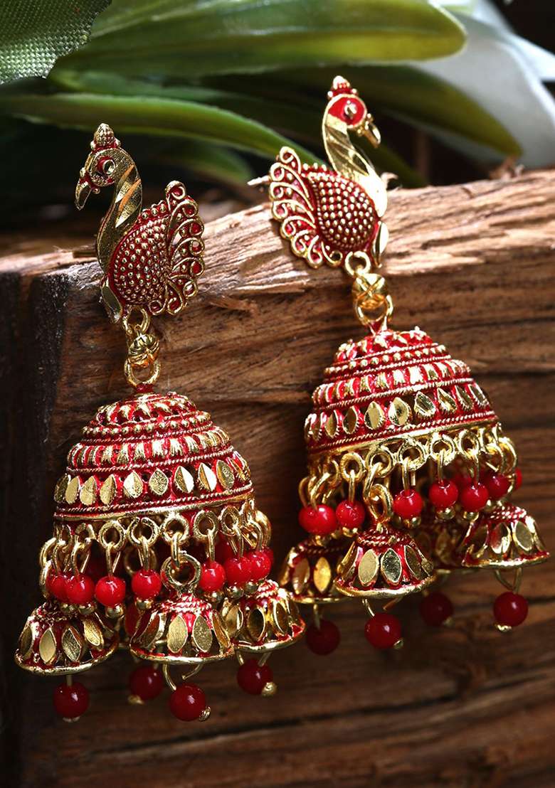 Red Bead Jhumka Earrings - Indya