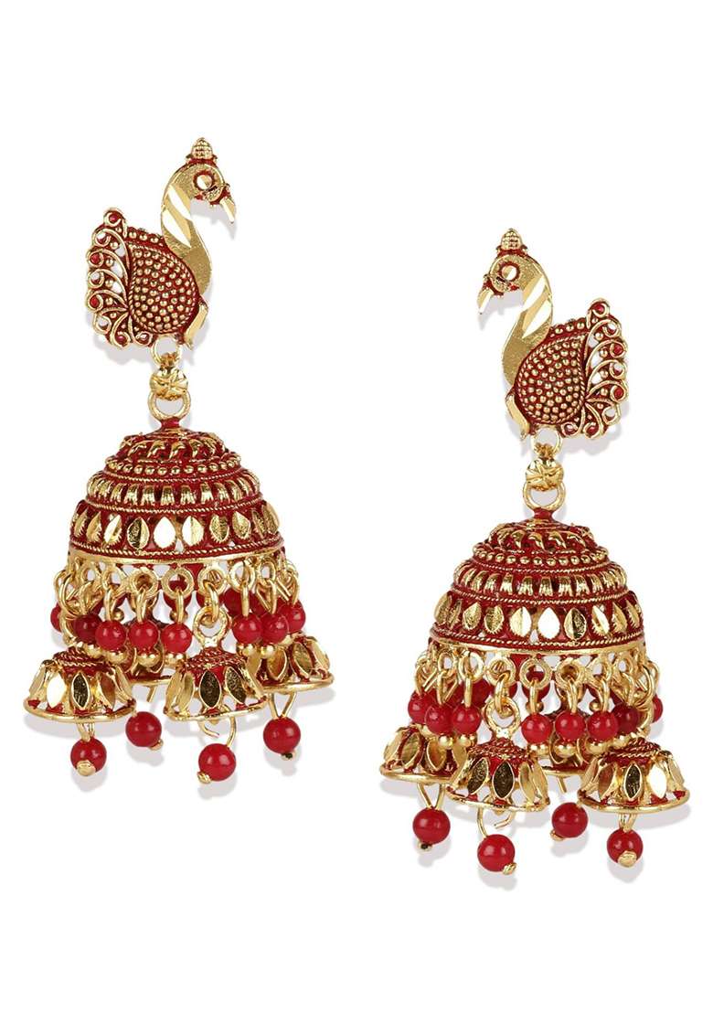 Red Bead Jhumka Earrings - Indya