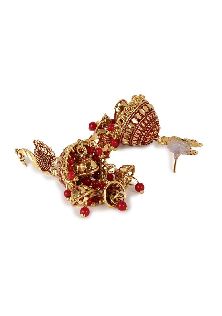Red Bead Jhumka Earrings - Indya