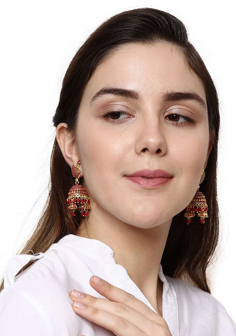 Red Bead Jhumka Earrings - Indya