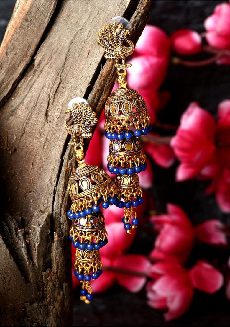 Blue Bead Jhumka Earrings