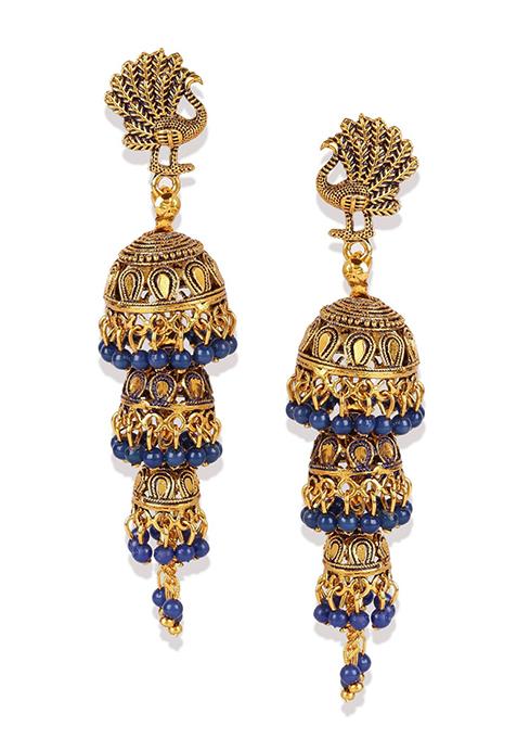 Blue Bead Jhumka Earrings