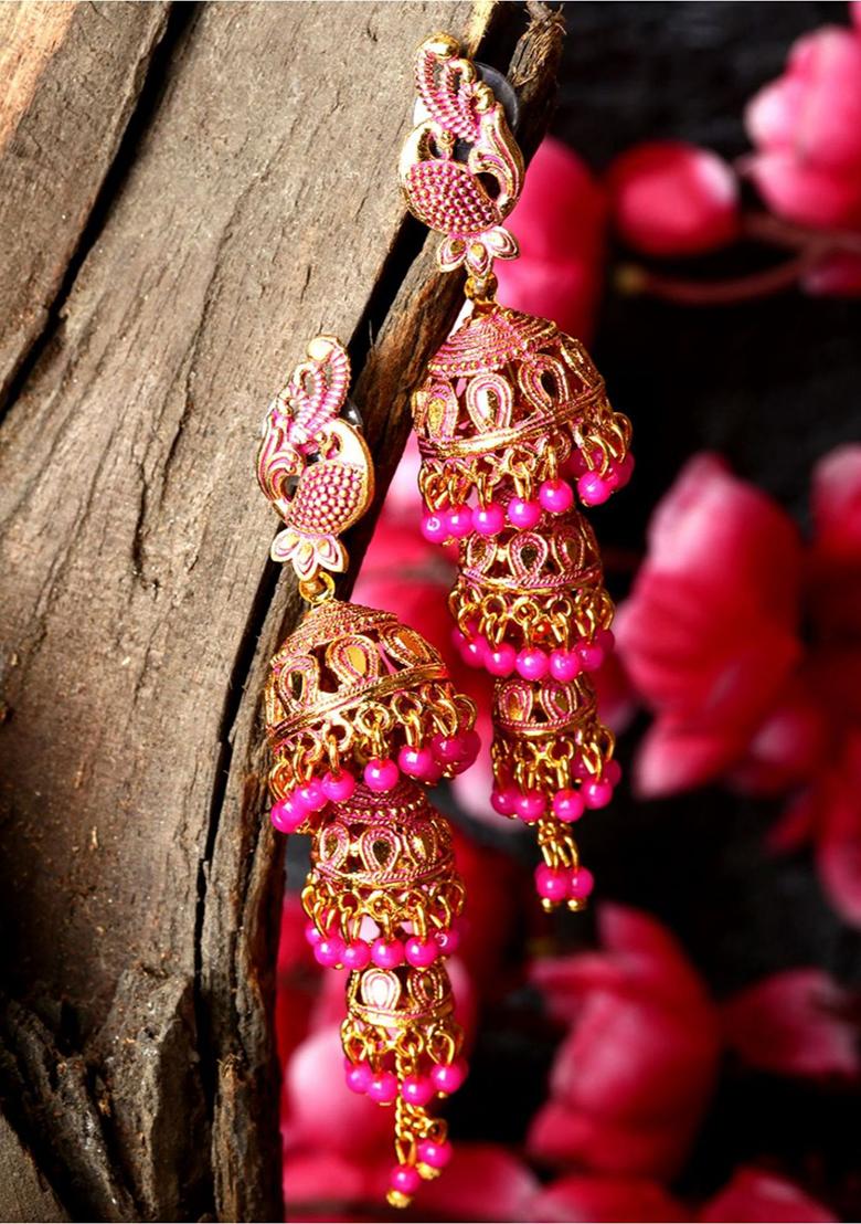 Pink Bead Jhumka Earrings