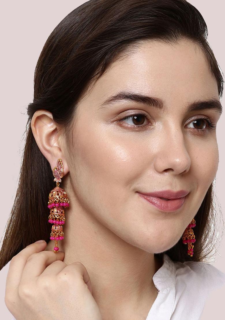 Pink Bead Jhumka Earrings
