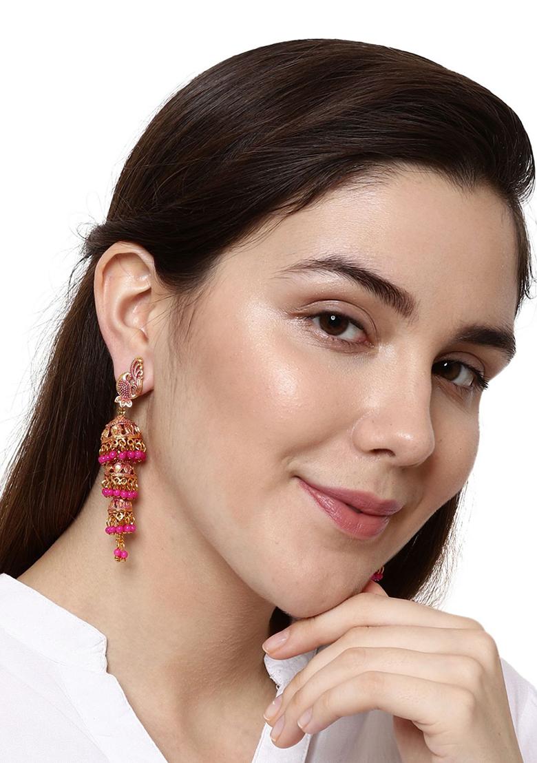 Pink Bead Jhumka Earrings