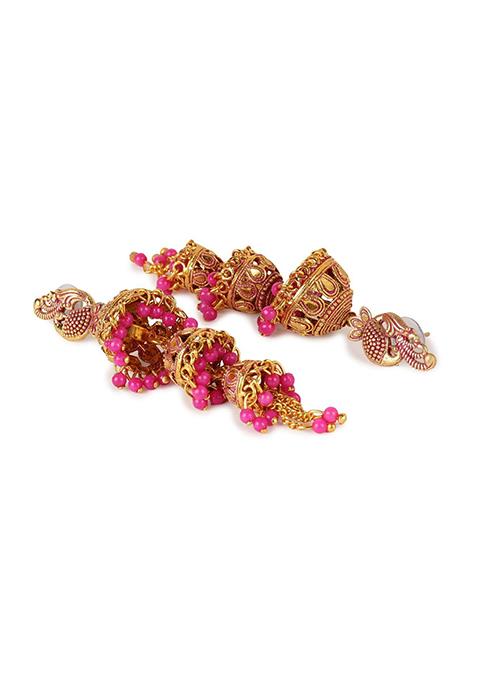 Pink Bead Jhumka Earrings