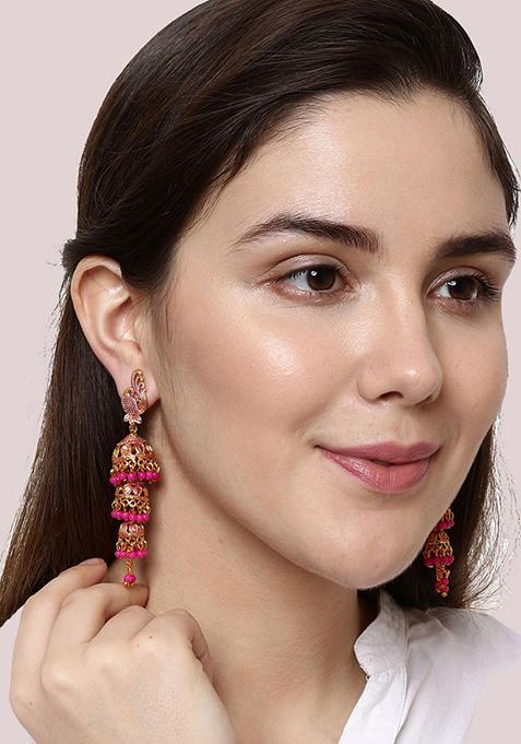 Pink Bead Jhumka Earrings