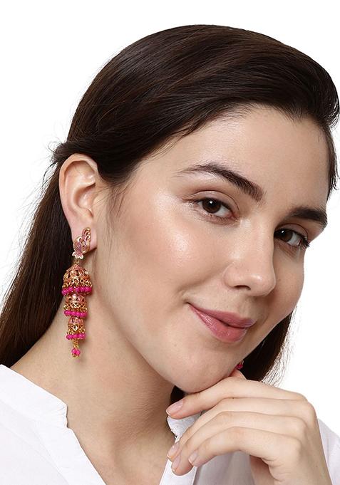 Pink Bead Jhumka Earrings