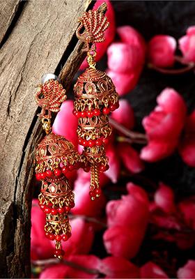Red Bead Jhumka Earrings