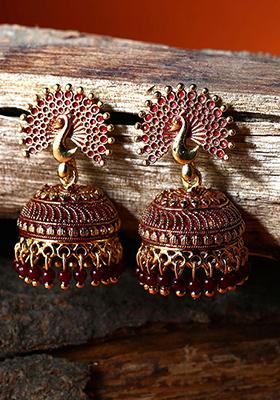Maroon Bead Jhumka Earrings