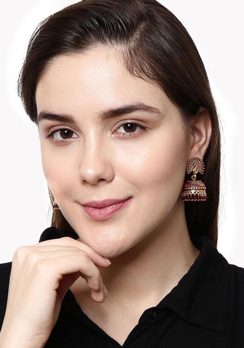 Maroon Bead Jhumka Earrings - Indya