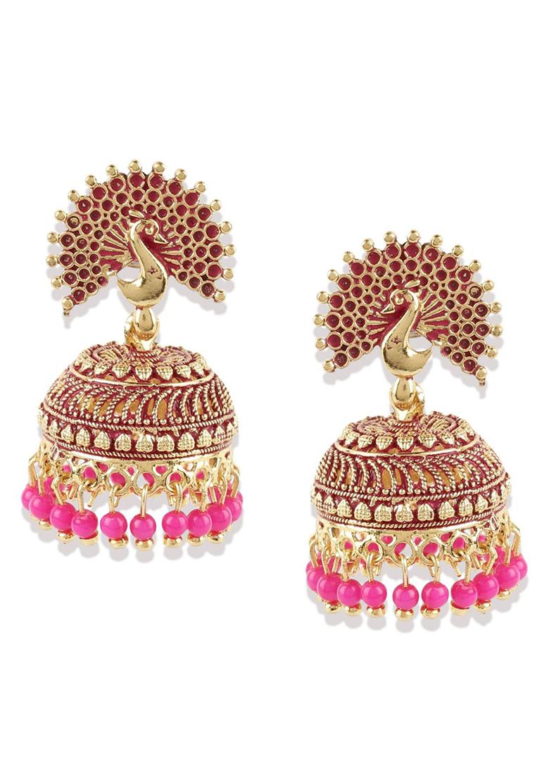 Pink Bead Jhumka Earrings