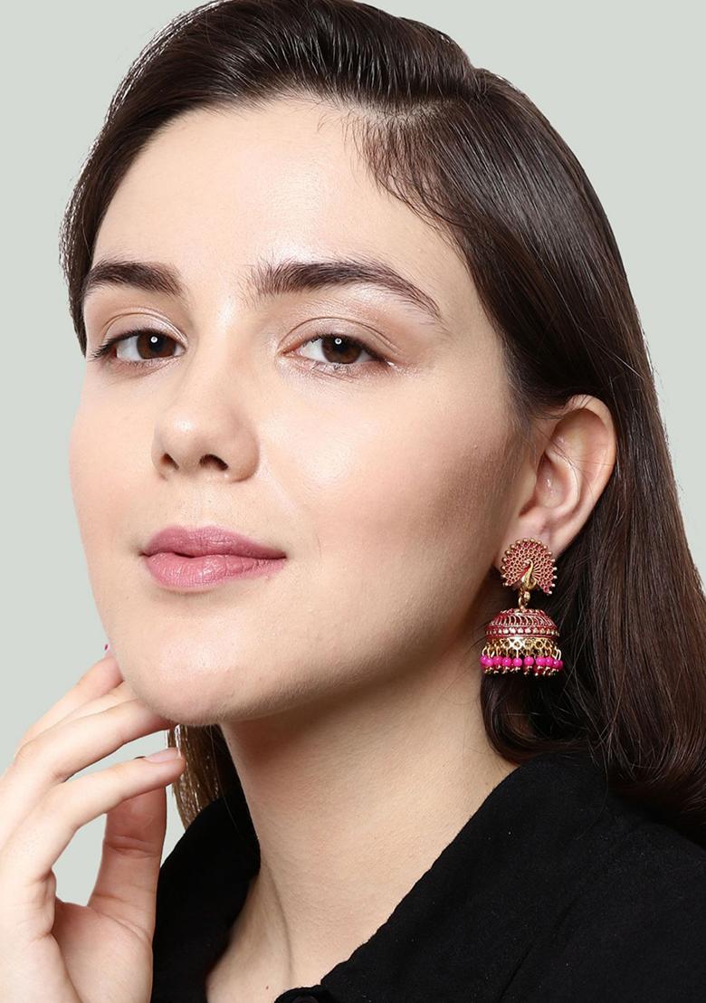 Pink Bead Jhumka Earrings